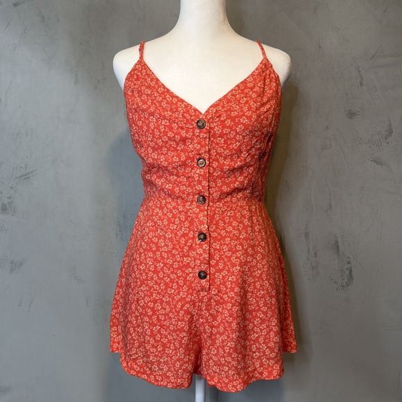 Lulus Pants - Lulu's Women's Floral Romper Medium Orange Rayon Button Front Sleeveless Boho